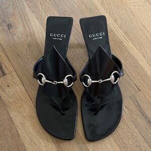 Gucci Black Leather Sandals with Silver Accents